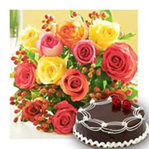 12 Mixed Roses with 1Kg Chocolate Cake